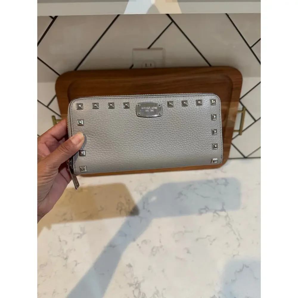 Michael Kors Gray Studded Jet Set Continental Wallet clutch textured leather